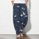 Buddha Stones Pure Cotton White Crane Pine Pattern Drawstring Men's Tapered Pants With Pockets