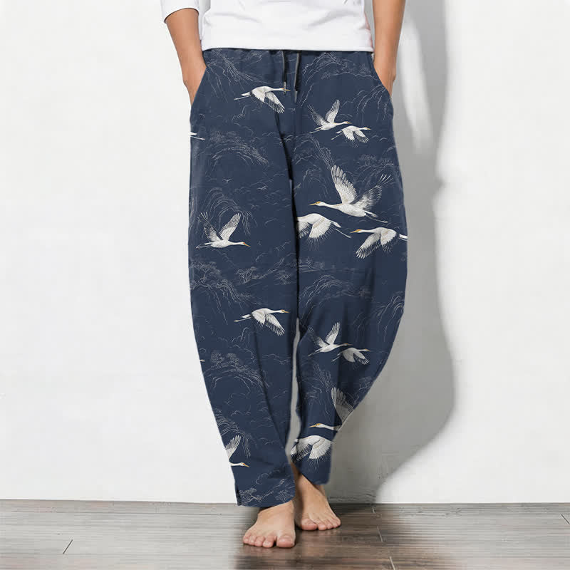 1782285909.jpg Buddha Stones Pure Cotton White Crane Pine Pattern Drawstring Men's Tapered Pants With Pockets