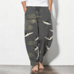 Buddha Stones Pure Cotton White Red-crowned Crane Clouds Pattern Drawstring Men's Tapered Pants With Pockets