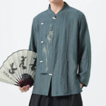Buddha Stones Spring Tang Style Vintage Mandarin Collar Frog Button Bamboo Embroidery Men's Long Sleeve Shirts