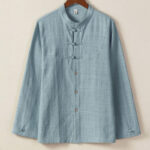 Buddha Stones Fall Winter Tang Style Vintage Mandarin Collar Frog Button Solid Men's Long Sleeve Shirts