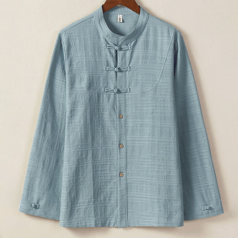 1782307254 Buddha Stones Fall Winter Tang Style Vintage Mandarin Collar Frog Button Solid Men's Long Sleeve Shirts - Image 1