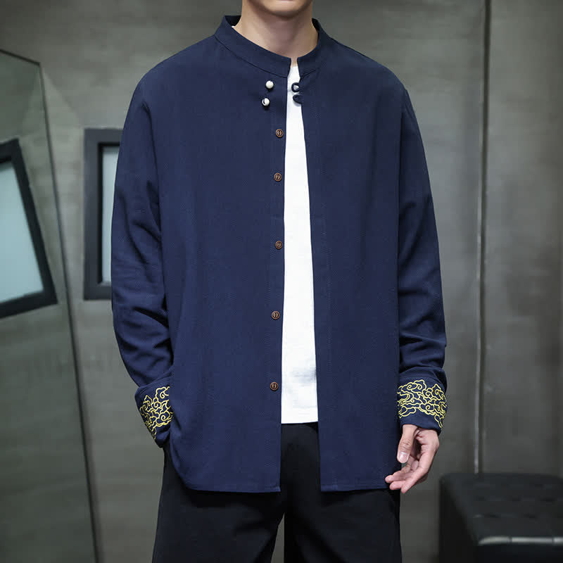 1782307331 Buddha Stones Fall Winter Tang Style Casual Mandarin Collar Embroidery Auspicious Clouds Cuffs Solid Men's Long Sleeve Shirts - Image 1