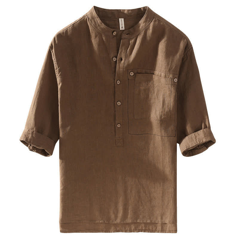 Buddha Stones Summer Casual Tang Style Mandarin Collar Solid Linen Men's Short Sleeve Shirts With Patch Pocket