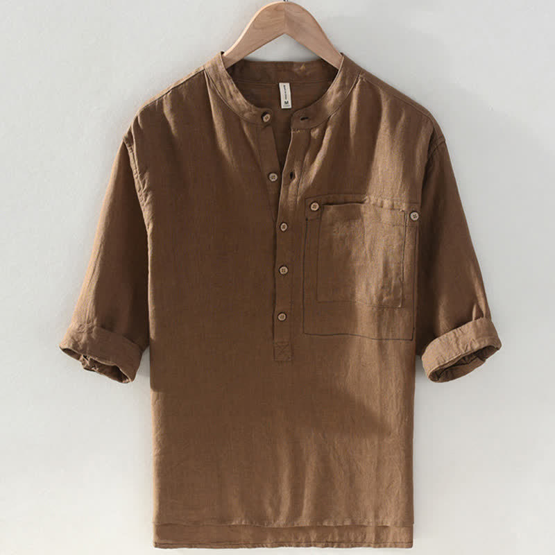Buddha Stones Summer Casual Tang Style Mandarin Collar Solid Linen Men's Short Sleeve Shirts With Patch Pocket