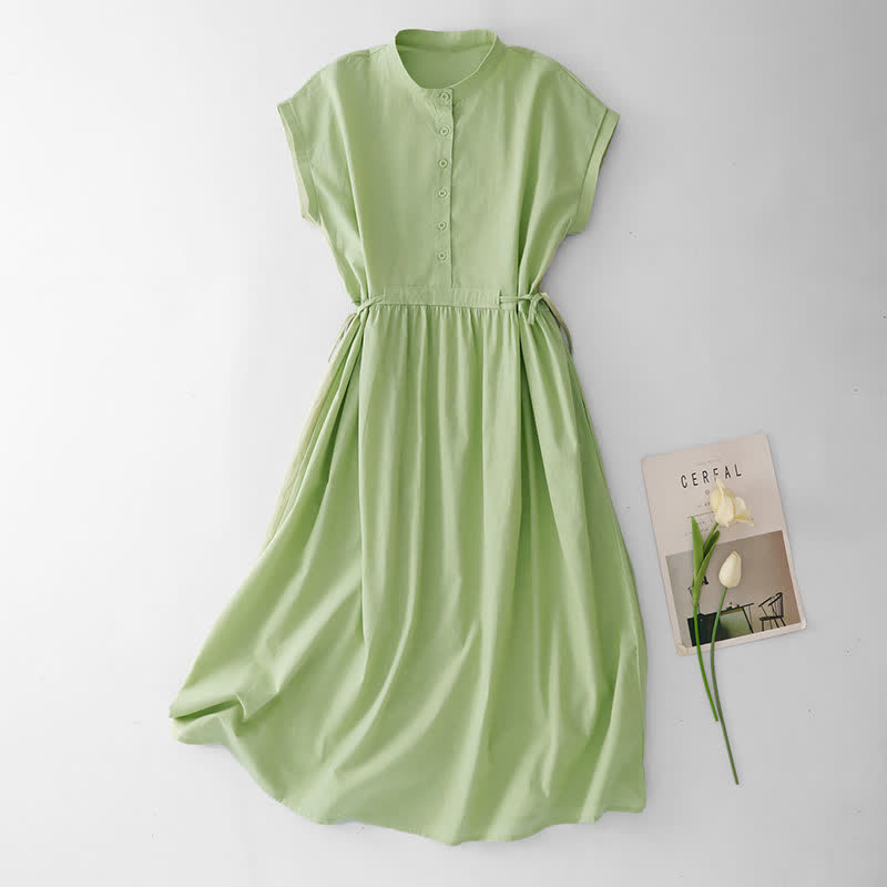 Buddha Stones Summer Casual Minimalist Button Lace-up Solid Women's Summer Sleeveless Dress With Pocket