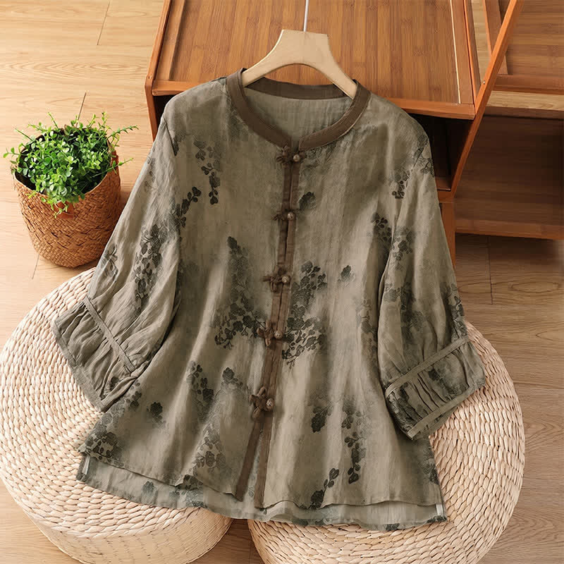 Buddha Stones Summer Vintage Tang Style Mandarin Collar Floral Leaves Women's Short Sleeve Shirts