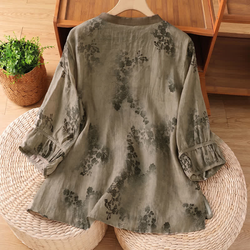 Buddha Stones Summer Vintage Tang Style Mandarin Collar Floral Leaves Women's Short Sleeve Shirts