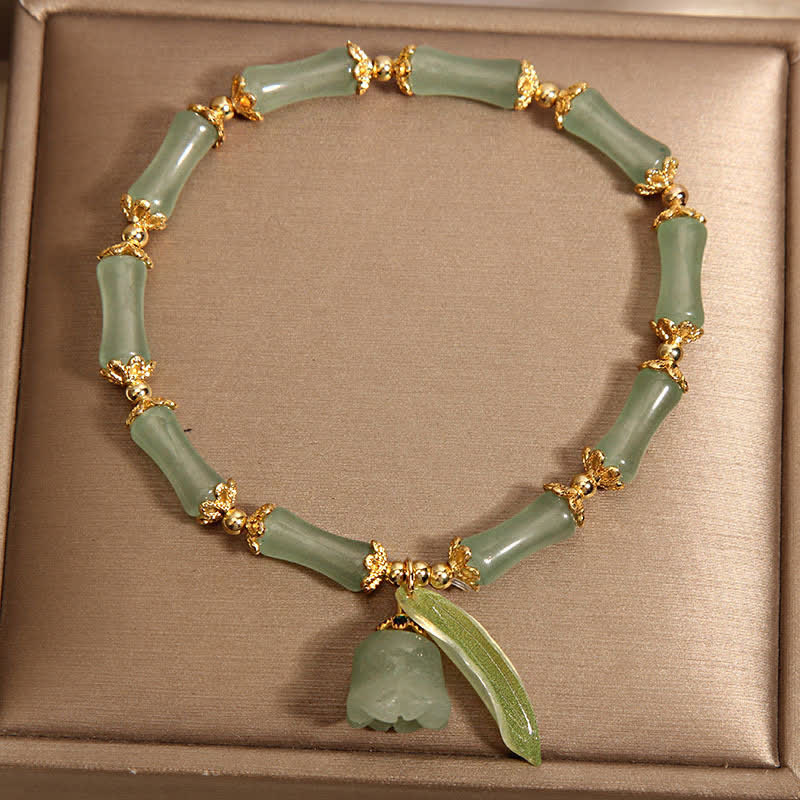 Buddha Stones Green Aventurine Bamboo Luck Growth Lily of the Valley Charm Bracelet