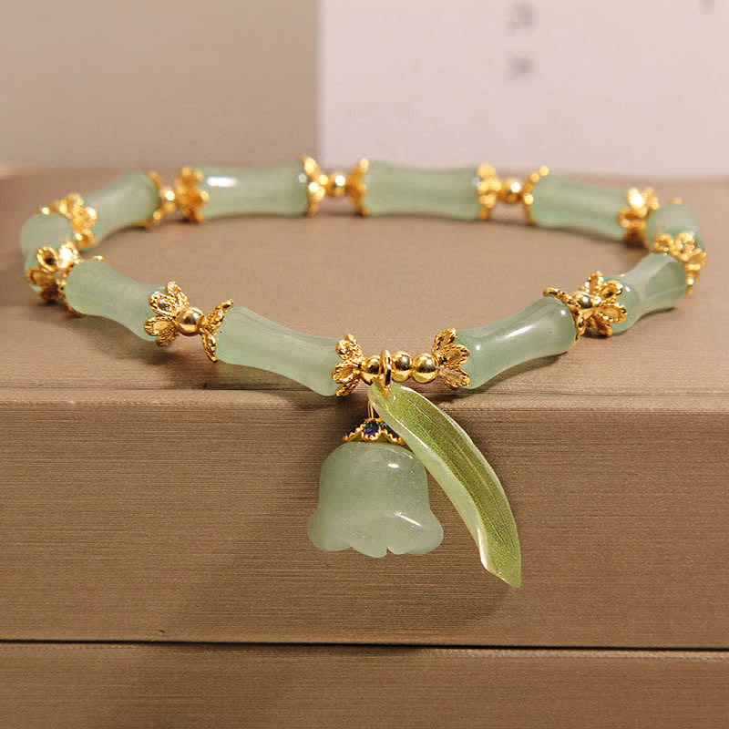 Buddha Stones Green Aventurine Bamboo Luck Growth Lily of the Valley Charm Bracelet
