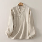 Buddha Stones Spring Summer Tang Style Minimalist V-Neck Frog Button Solid Women's Long Sleeve Shirts