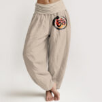 Buddha Stones Pure Cotton Black Circle Red Symbol Pattern Women's Elastic Waist Harem Pants
