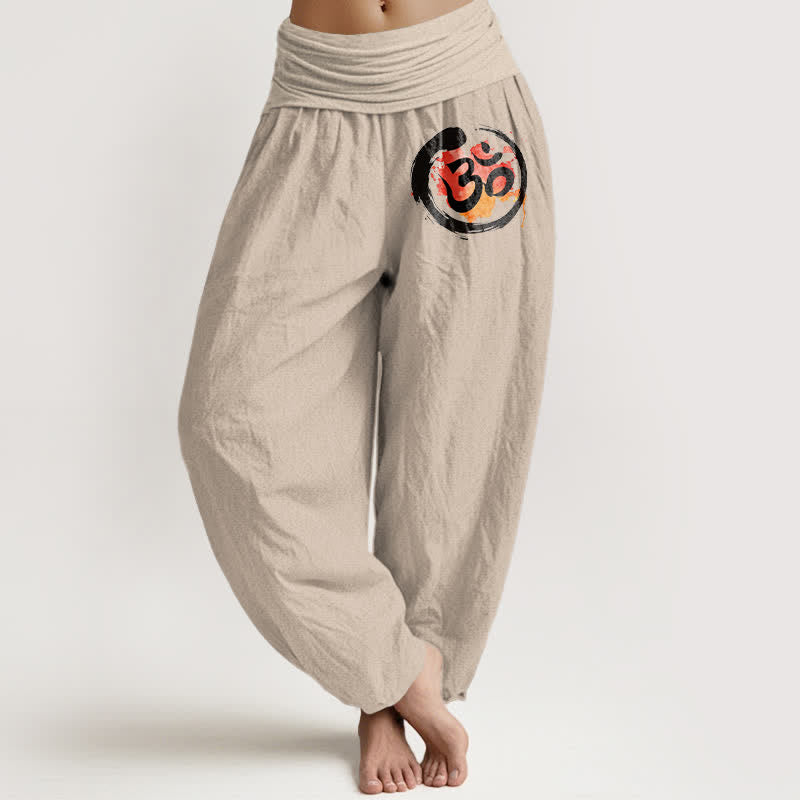 1782801249_6766b085-d667-4920-96d2-cd82bdcbcdda Buddha Stones Pure Cotton Black Circle Red Symbol Pattern Women's Elastic Waist Harem Pants - Image 1
