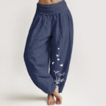 Buddha Stones Pure Cotton Butterfly Bamboo Leaf Pattern Women's Elastic Waist Harem Pants