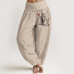 Buddha Stones Pure Cotton Zen Cat Pattern Women's Elastic Waist Harem Pants