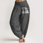 Buddha Stones Pure Cotton White Cat Pattern Women's Elastic Waist Harem Pants