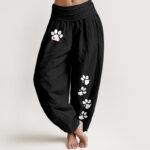 Buddha Stones Pure Cotton White Paw Print Pattern Women's Elastic Waist Harem Pants