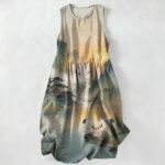 Buddha Stones Summer Casual Crane Waterfall Landscape Pattern Women's Summer Sleeveless Midi Dress With Pockets