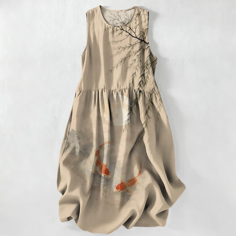 Buddha Stones Summer Casual Ink Koi Willow Pattern Women's Summer Sleeveless Midi Dress With Pockets