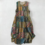 Buddha Stones Summer Casual Olive Patchwork Paisley Floral Pattern Women's Summer Sleeveless Midi Dress With Pockets
