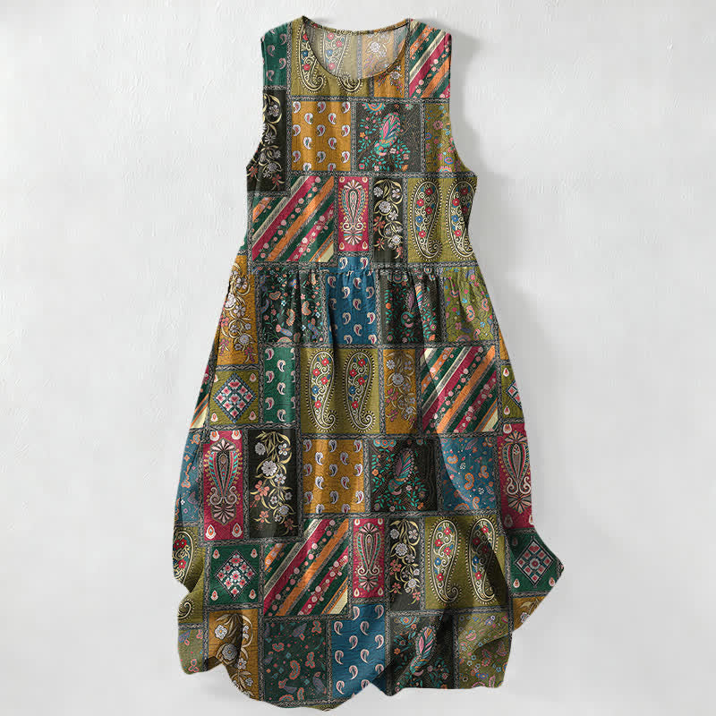 Buddha Stones Summer Casual Olive Patchwork Paisley Floral Pattern Women's Summer Sleeveless Midi Dress With Pockets