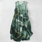 Buddha Stones Summer Casual White Crane Gold Marble Pattern Women's Summer Sleeveless Midi Dress With Pockets