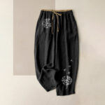 Buddha Stones Pure Cotton White Dandelion Pattern Women's Elastic Waist Pants With Pockets