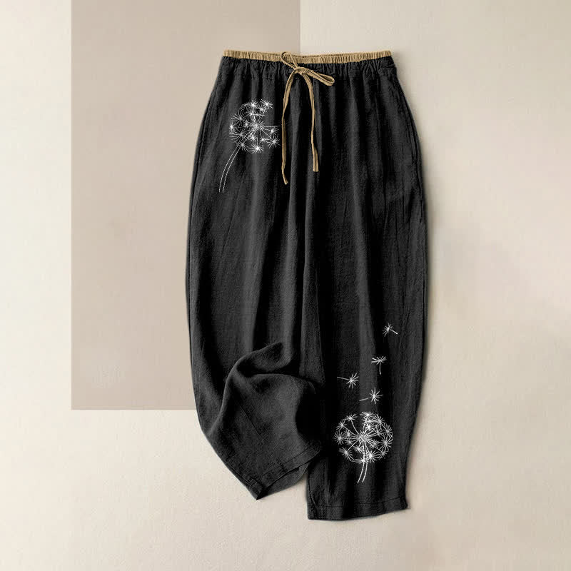 1782809344_bb5a3129-1aae-430d-ba3a-96a910c0e072.jpg Buddha Stones Pure Cotton White Dandelion Pattern Women's Elastic Waist Pants With Pockets