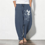 Buddha Stones Pure Cotton White Crane Pattern Drawstring Men's Tapered Pants With Pockets