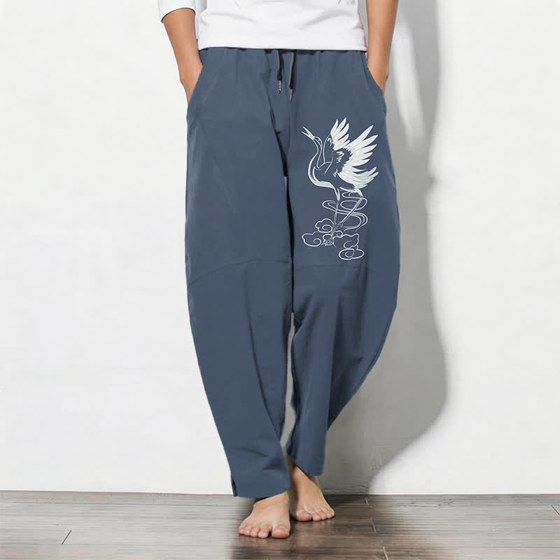 1782814712.jpg Buddha Stones Pure Cotton White Crane Pattern Drawstring Men's Tapered Pants With Pockets