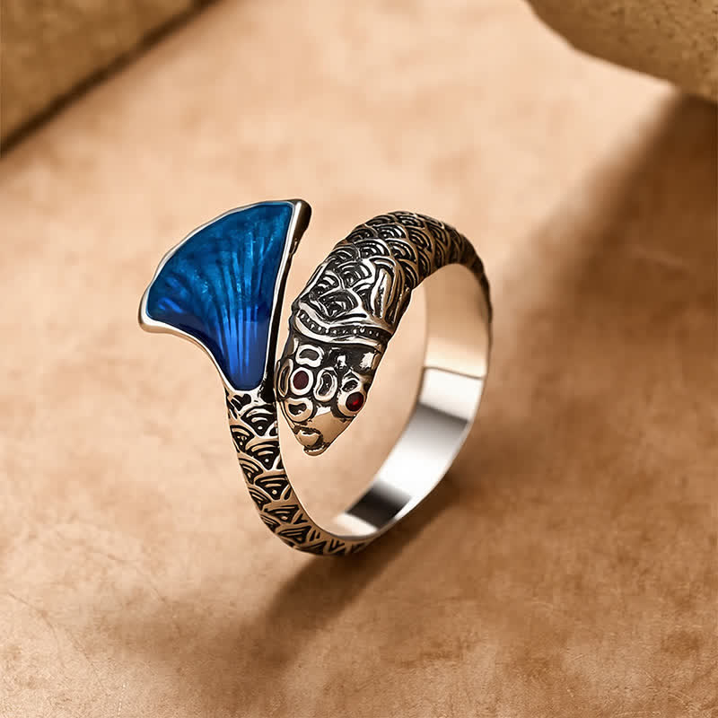 Buddha Stones Vintage Koi Fish Blue Enamel Adjustable Success Adjustable Ring