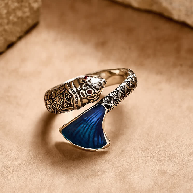 Buddha Stones Vintage Koi Fish Blue Enamel Adjustable Success Adjustable Ring