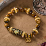 Buddha Stones Natural Yellow Tiger Eye Resin Barrel Bead Lotus Pendant Confidence Round Bead Bracelet