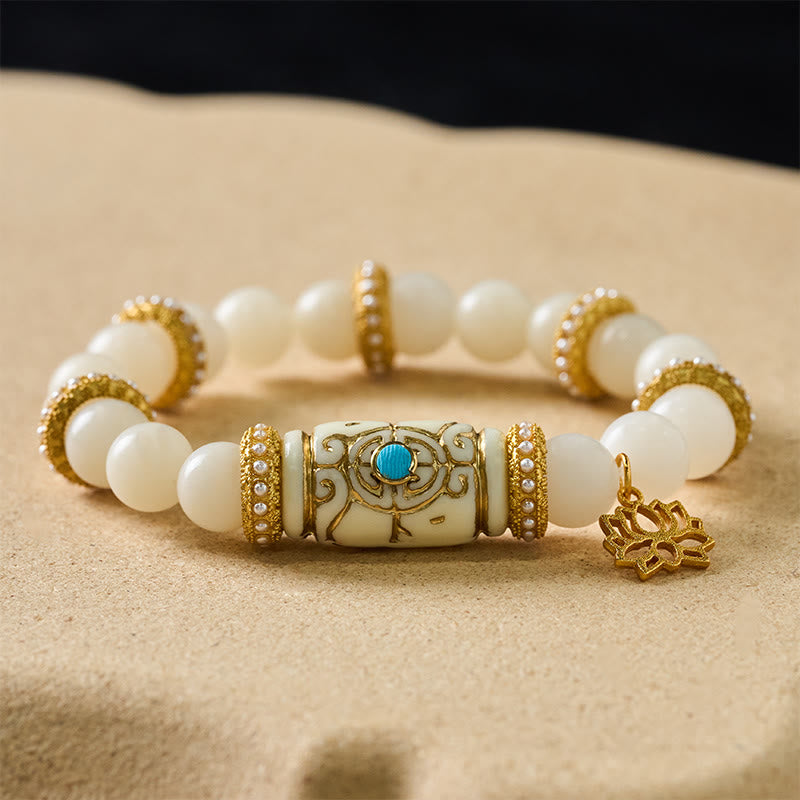 Buddha Stones White Bodhi Seed Resin Barrel Bead Lotus Pendant Round Meditation Bracelet
