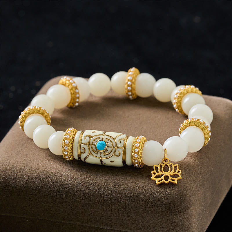 Buddha Stones White Bodhi Seed Resin Barrel Bead Lotus Pendant Round Meditation Bracelet
