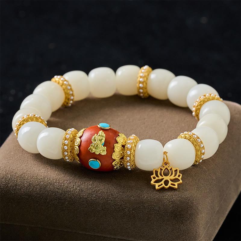 Buddha Stones White Bodhi Seed Tibetan Engraved Orange Oval Lotus Pendant Blessing Bead Bracelet