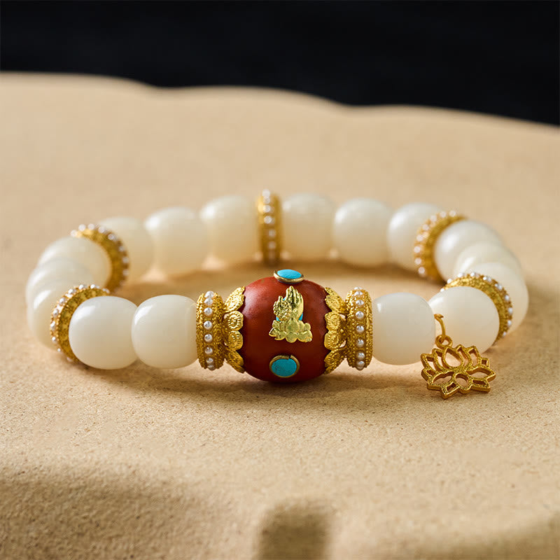 Buddha Stones White Bodhi Seed Tibetan Engraved Orange Oval Lotus Pendant Blessing Bead Bracelet