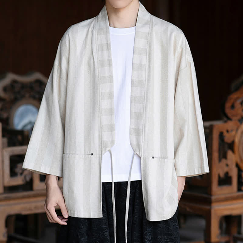 Buddha Stones Spring Summer Casual Tang Style Drawstring Solid Cotton Linen Three-Quarter Sleeve Men's Kimono With Pocket