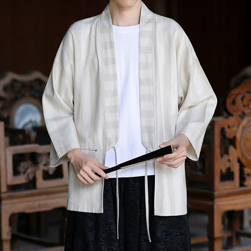 Buddha Stones Spring Summer Casual Tang Style Drawstring Solid Cotton Linen Three-Quarter Sleeve Men's Kimono With Pocket