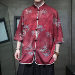Buddha Stones Spring Summer Vintage Tang Style Mandarin Collar Bamboo Print Men's Elbow-Length Sleeve Shirts