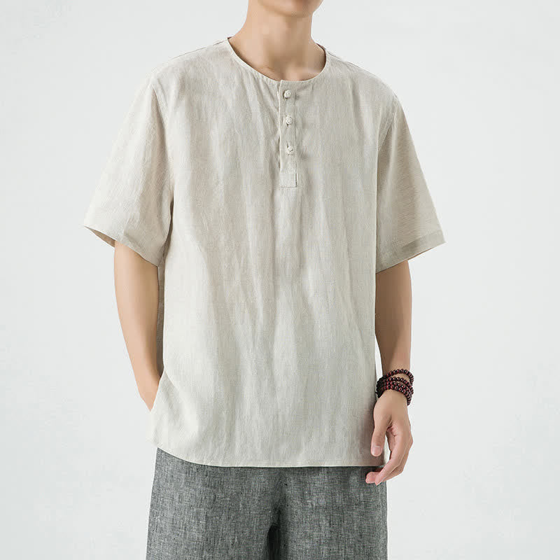 Buddha Stones Summer Casual Minimalist Side Slit Solid Crew Neck Linen Men's Short Sleeve Shirts