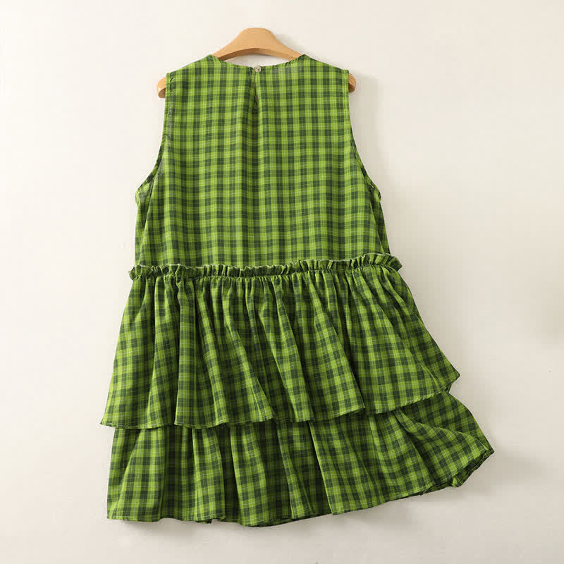 Buddha Stones Summer Casual Green Plaid Pattern Ruffles Cotton Tank Top Women's Sleeveless Shirts