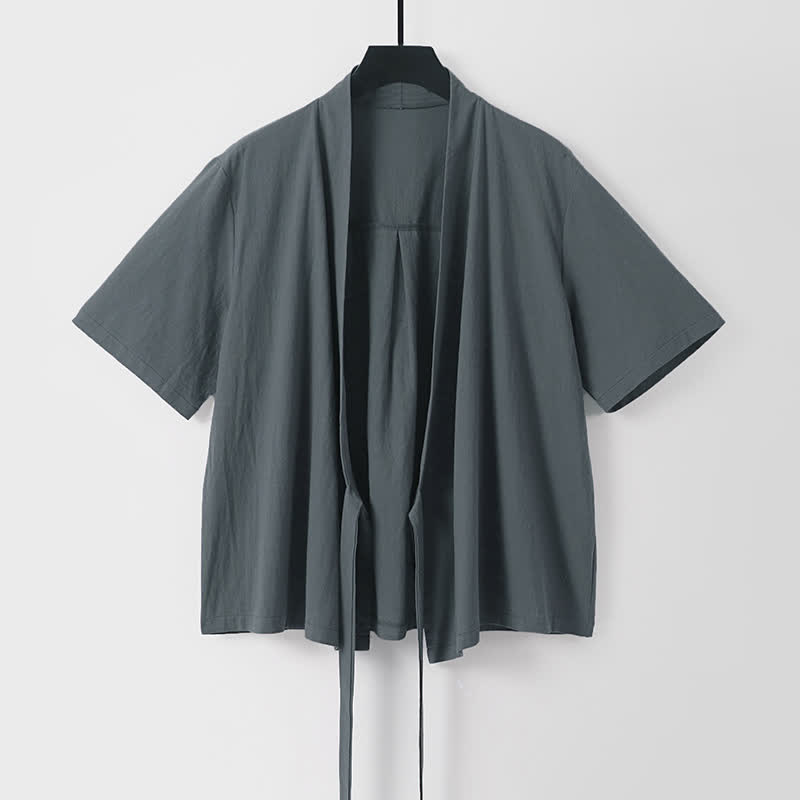 Buddha Stones Summer Casual Minimalist Short Sleeve Solid Lace-up Open Front Cotton Linen Men's Kimono