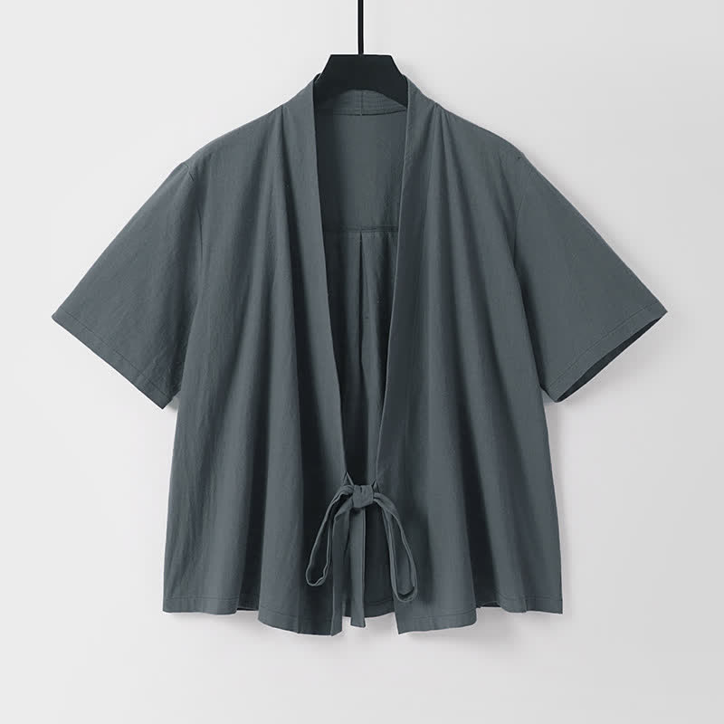 Buddha Stones Summer Casual Minimalist Short Sleeve Solid Lace-up Open Front Cotton Linen Men's Kimono
