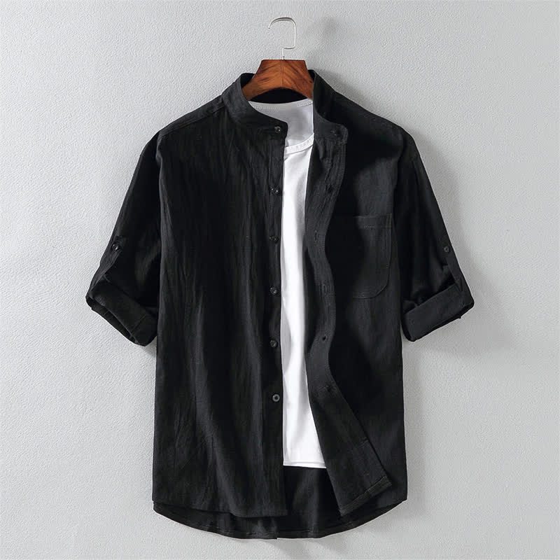 Buddha Stones Summer Solid Men's Buttons Half Sleeve Shirt