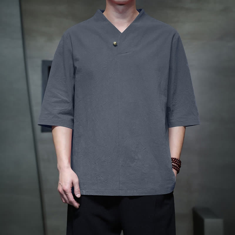 Buddha Stones Summer Casual Tang Style Mandarin Collar Solid Men's Short Sleeve Shirts