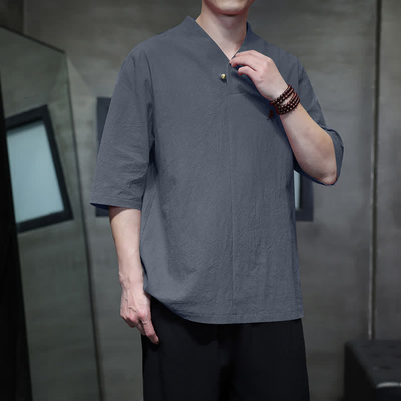 Buddha Stones Summer Casual Tang Style Mandarin Collar Solid Men's Short Sleeve Shirts
