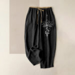 Buddha Stones Pure Cotton Zen Lotus Om Pattern Women's Elastic Waist Pants With Pockets