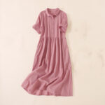 Buddha Stones Summer Buttons Design Short Sleeve Midi Dress With Pockets