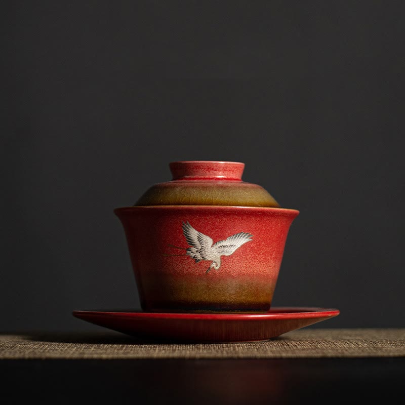 18241054-b2d0-4df7-a4bc-cd682da224c2 Buddha Stones Red Auspicious Crane Ceramic Gaiwan Sancai Teacup Kung Fu Tea Cup And Saucer With Lid - Image 1